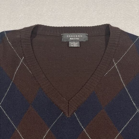 Toscano Sweater Mens XL Brown Merino Wool Blend Argyle V-Neck Made in Italy - Picture 2 of 9